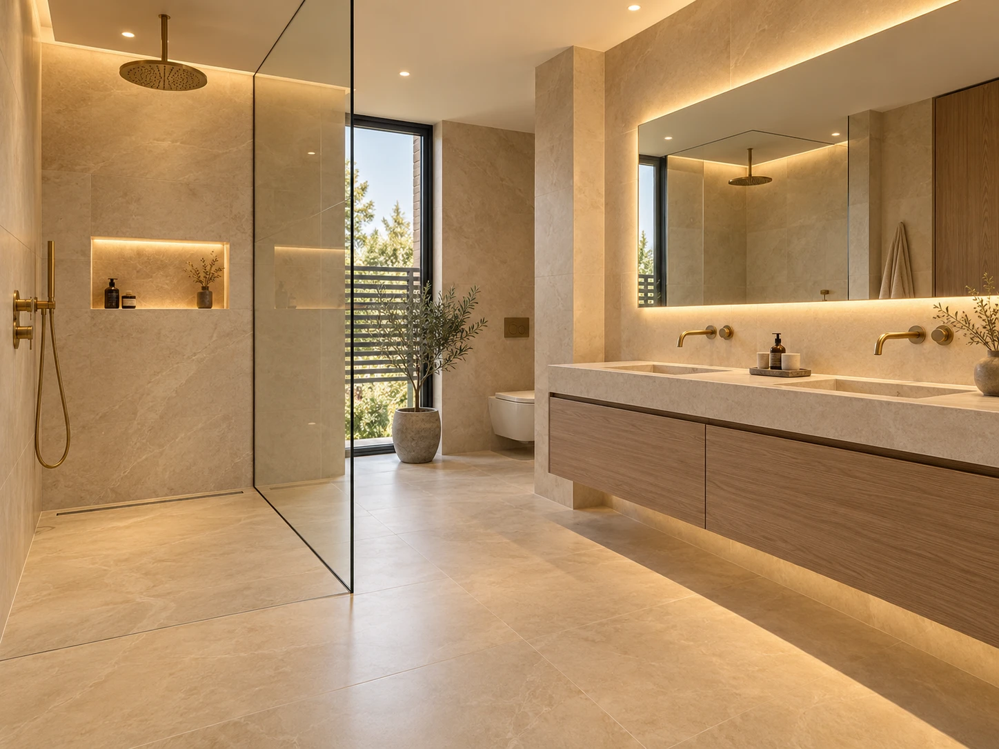 Luxe badkamer met grote natuursteenlook tegels en verfijnde afwerking